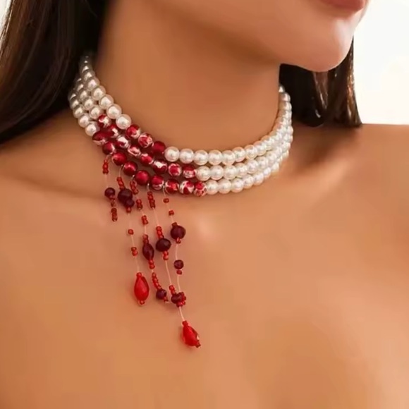NWT Vampire Blood Drip Pearl Choker – Gothic Red Bead Cosplay Halloween Necklace - Picture 3 of 6